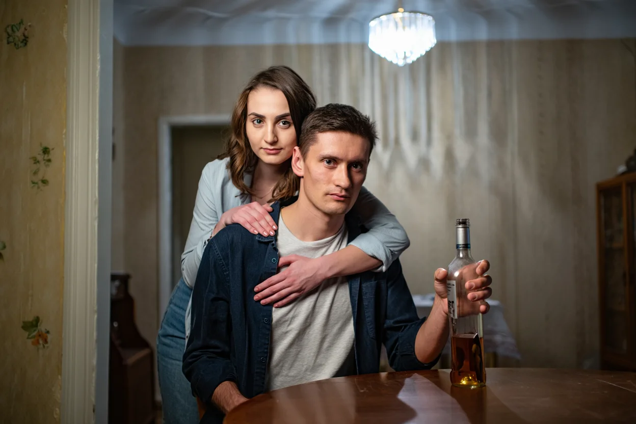 Девушка обнимает алкоголика